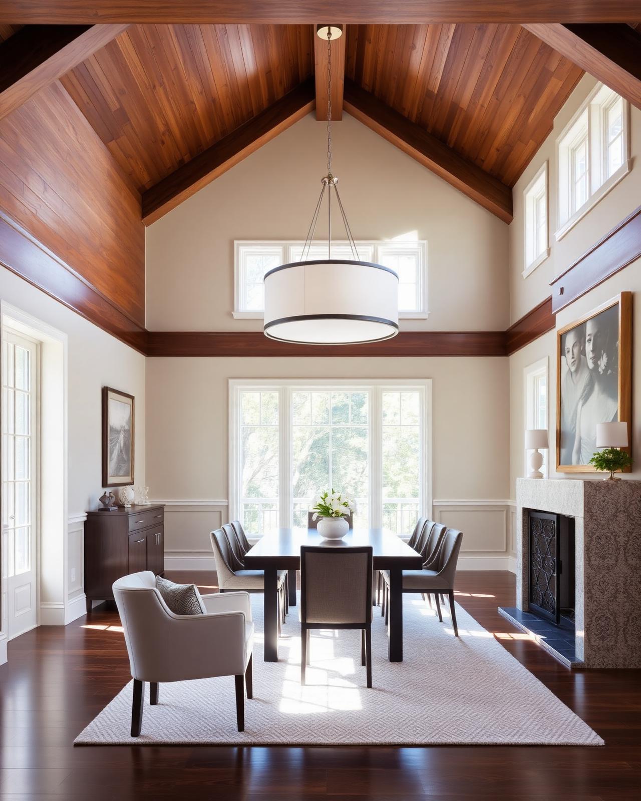 Vaulted dining room with wood beam ceiling