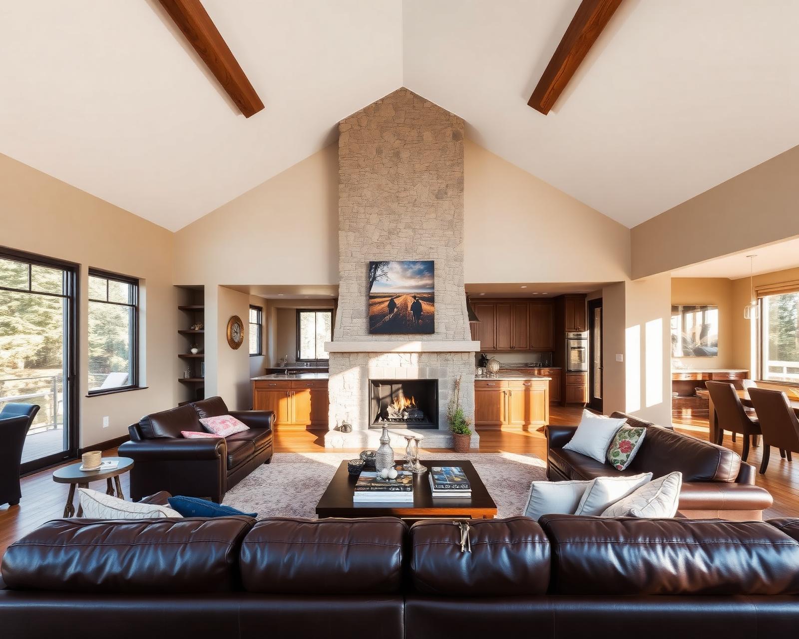 Open concept great room with stone fireplace