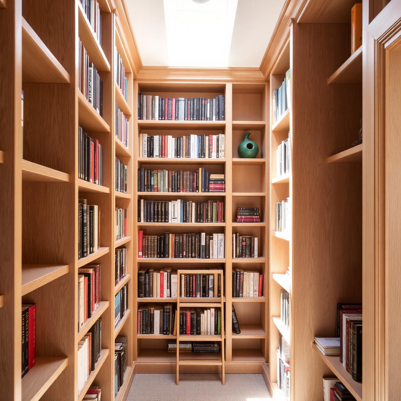 Custom built-in white oak bookshelves